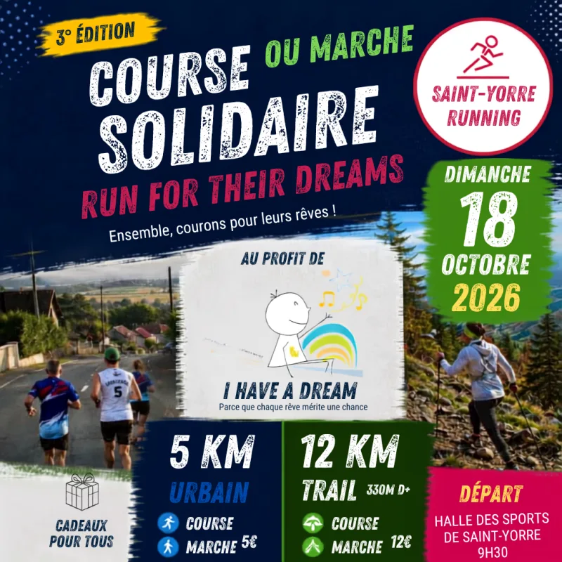course et marche solidaire RUN FOR THEIR DREAMS — Hauterive (03), 18 octobre 2026 · Course à pied