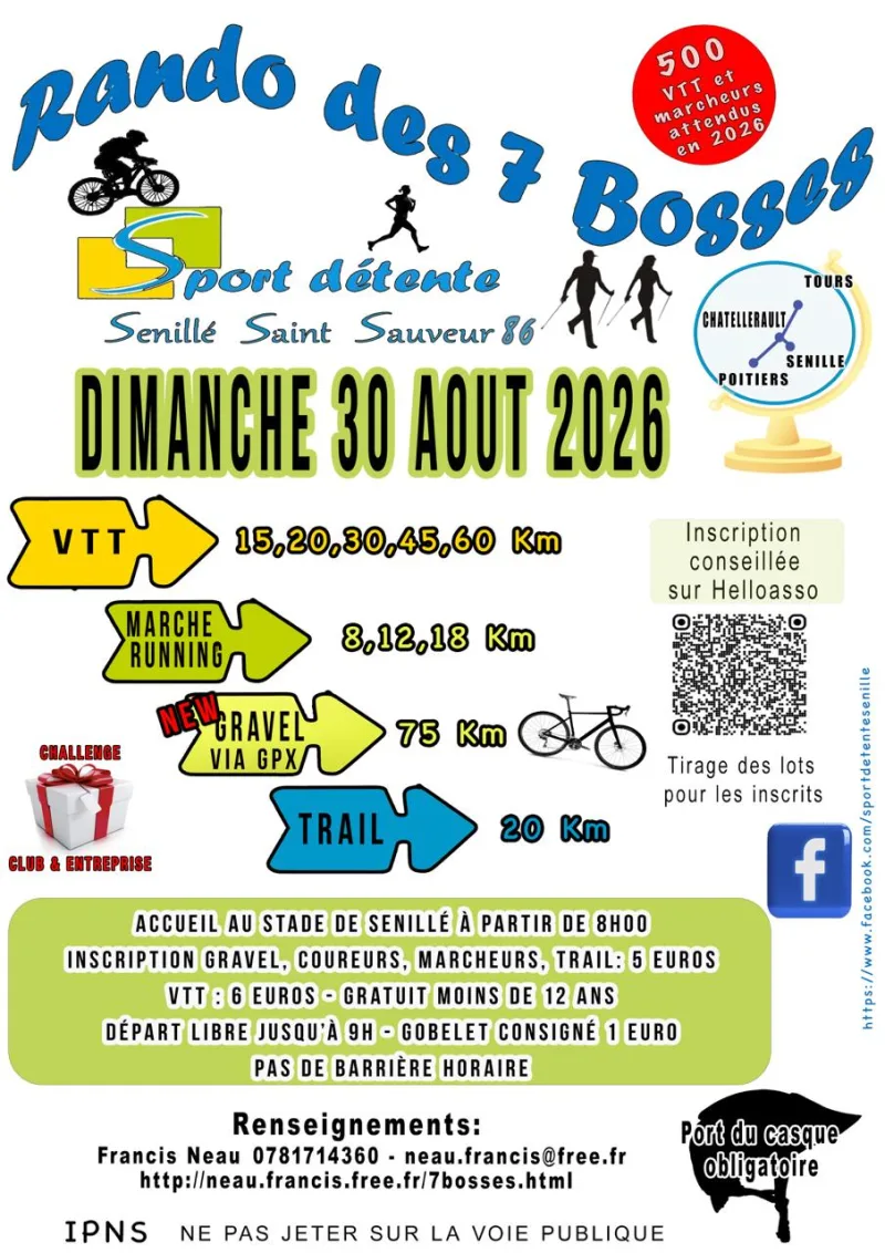 Randonnée des 7 Bosses VTT, Marche, Running, Trail et Gravel à Senillé — Antran (86), 30 août 2026 · Trail